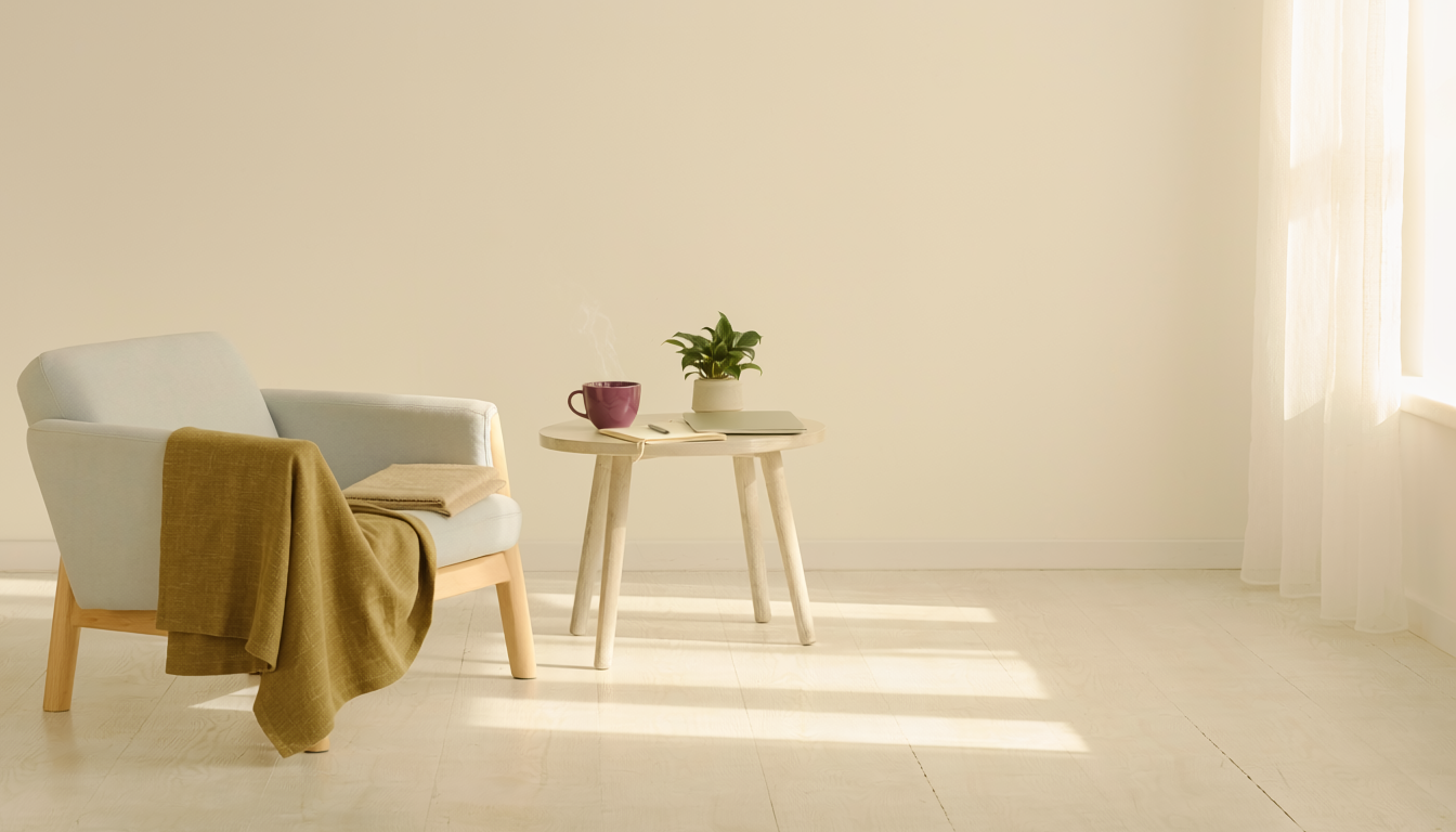 A quiet home-office corner at day's end: a reading chair with an olive throw, a plum mug and a small plant on a side table, warm late-afternoon light across a pale wood floor.